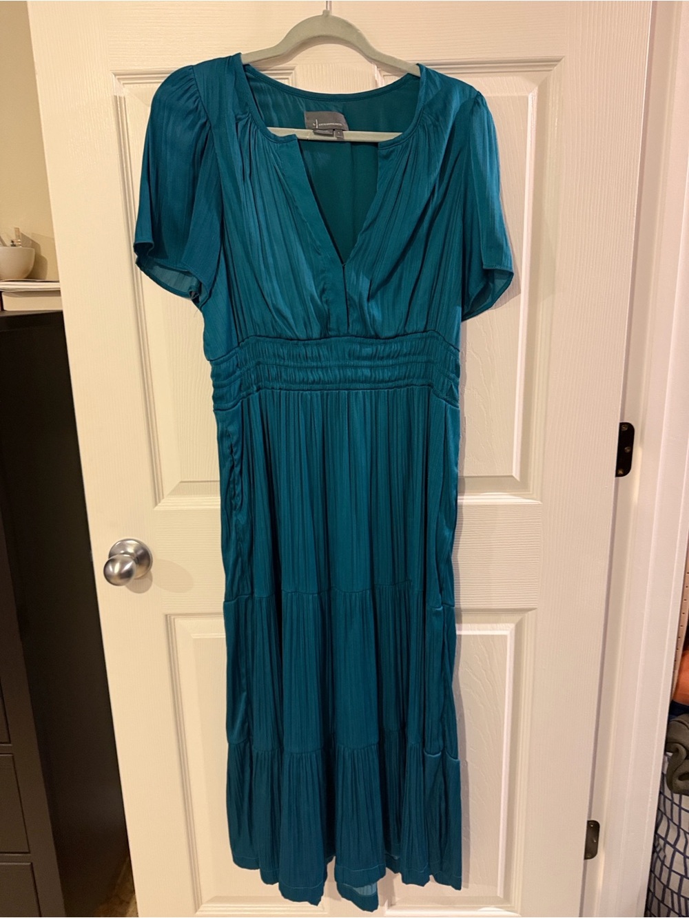 Anthropologie Teal Pleated V-Neck Midi Dress